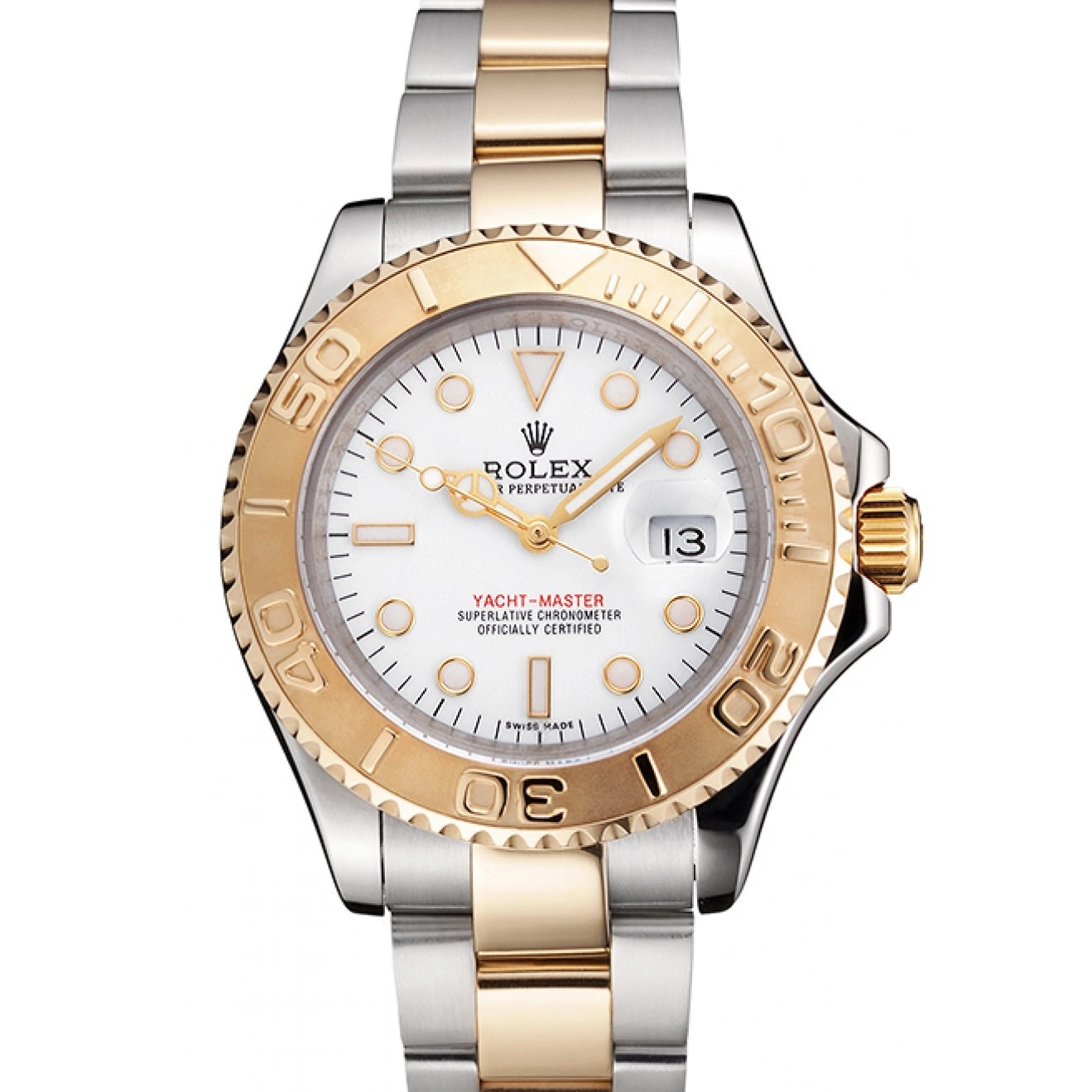 Aaa replica watch Two Swiss Tone Bracelet White Dial Bezel Case Yacht-Master Gold Rolex Steel Stainless 0825